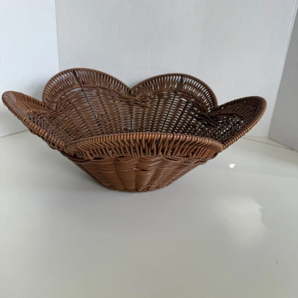 Brown Woven Scalloped Flower Basket Decorative Faux Wicker Fruit Bowl 14 Inch